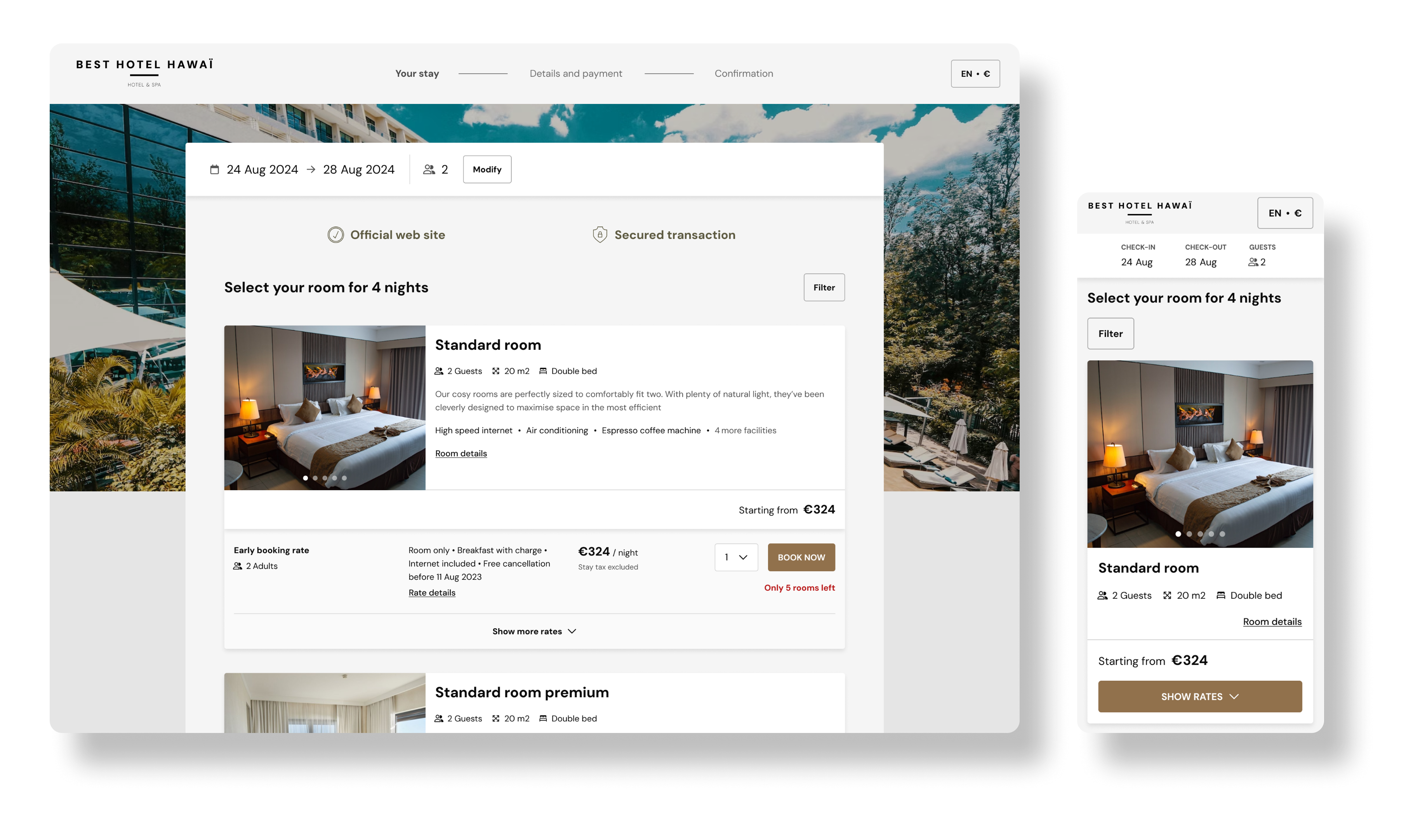 Booking Engine D-Edge — vue Room/Rate Selection desktop et mobile